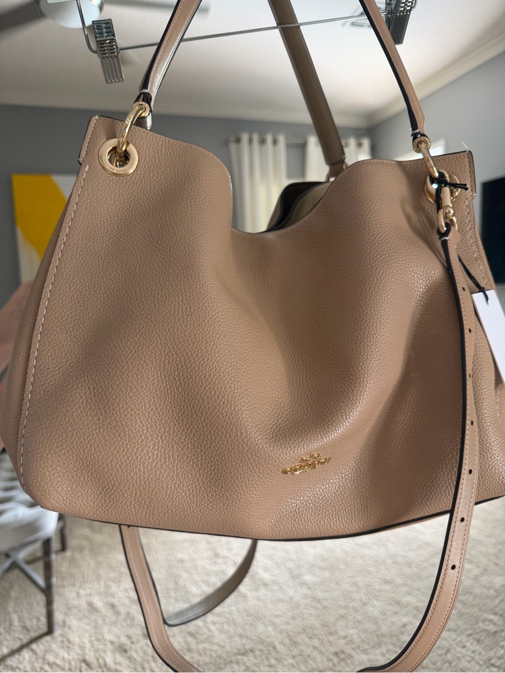 Coach Pebbled Leather Shoulder Hobo in Taupe Beige with Gold Hardware